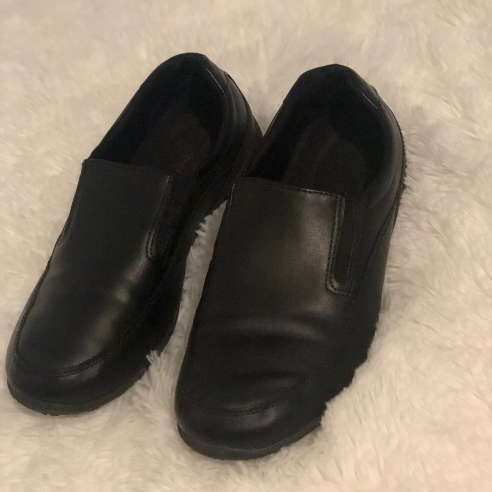 No-Slip, black work shoes.